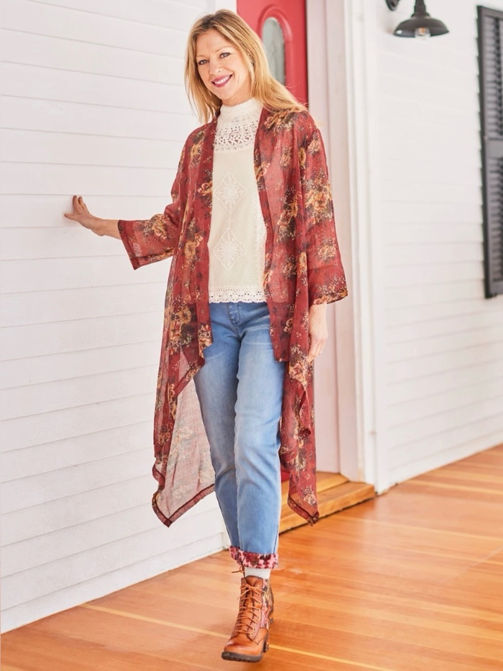 April Cornell Duchess Wool Cover-Up M Rust Floral Duster Kimono Boho Fall
